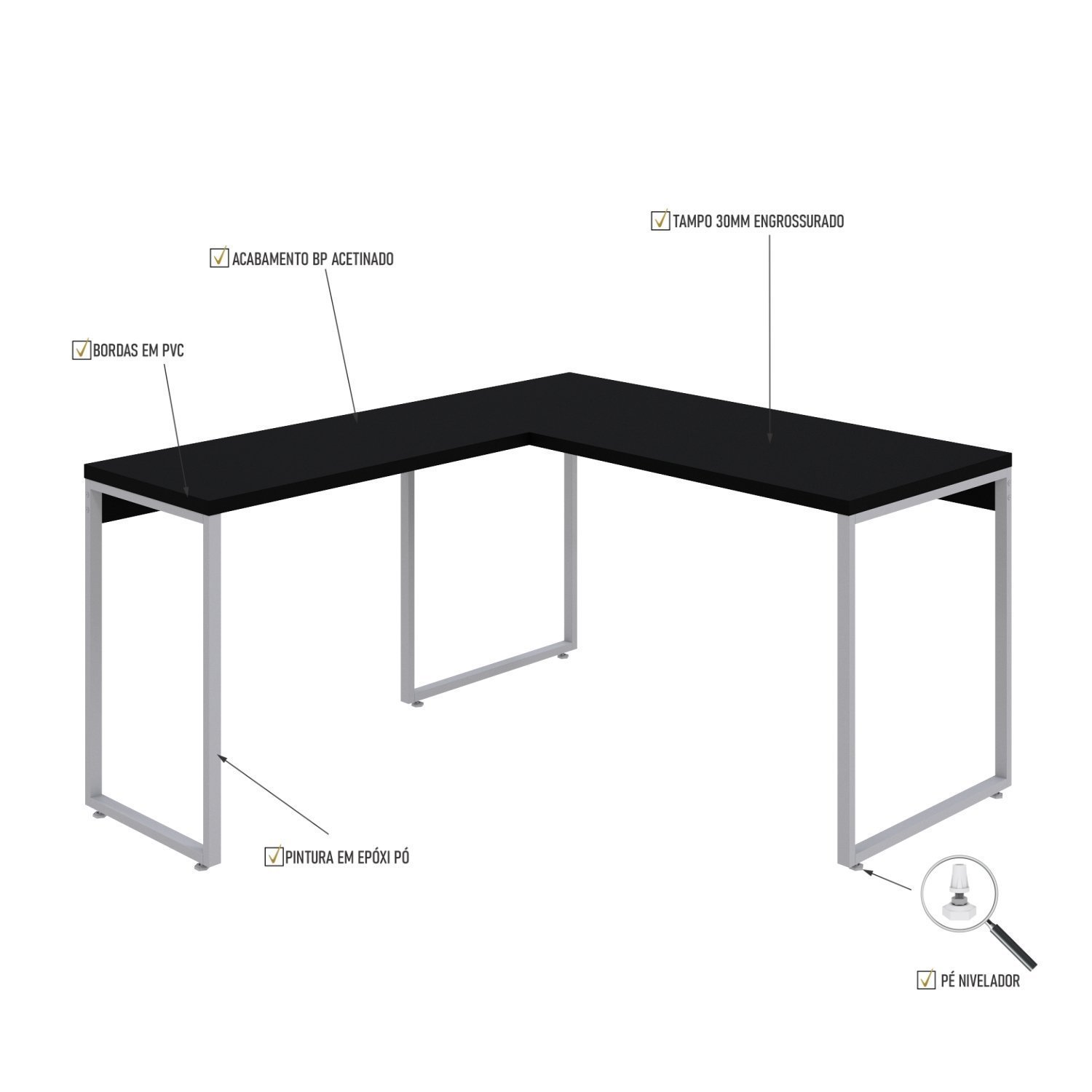 Mesa de Escritório em L Estilo Industrial 135x150cm Kuadra - 5