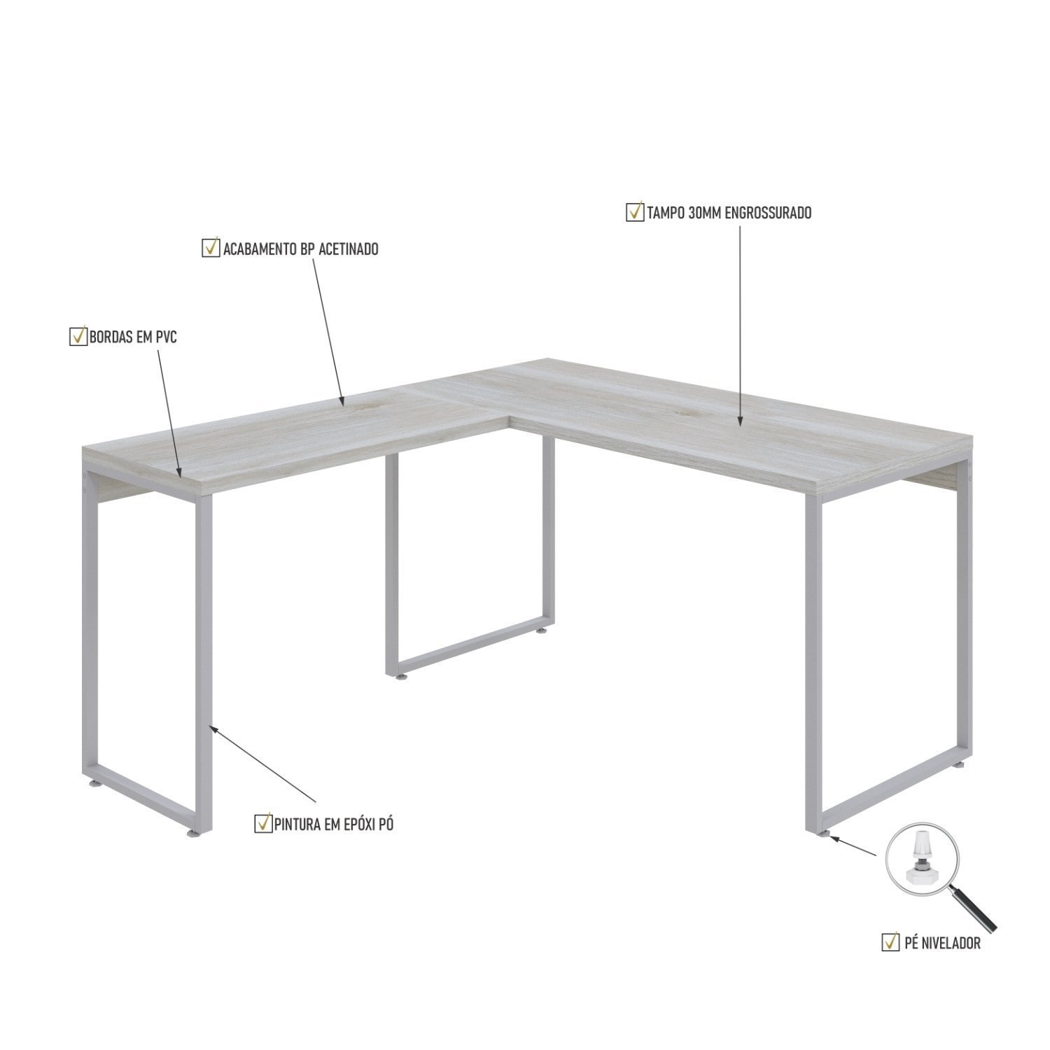 Mesa de Escritório em L Estilo Industrial 135x150cm Kuadra - 5