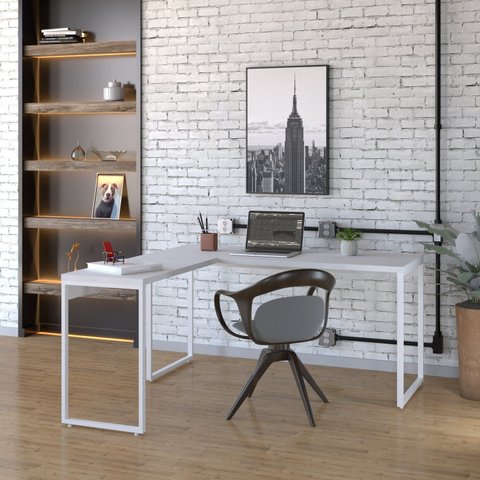 Escrivaninha Mesa Escritório em L Estilo Kuadra 150cm Industrial Branco e Branco Chess