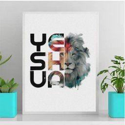 Quadro Decorativo Leão YESHUA Colorido 24x18cm - com vidro:Madeira branca - 2