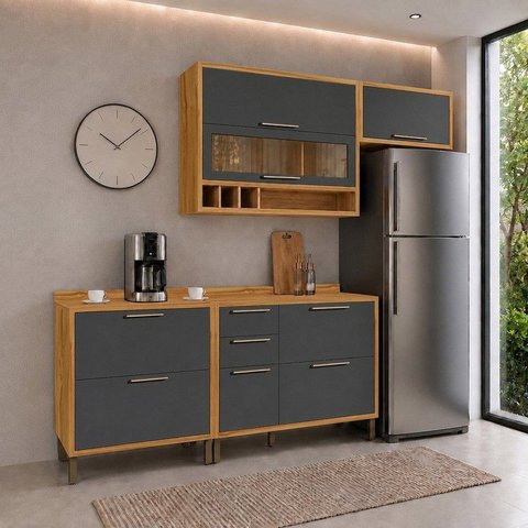 Cozinha Compacta Modulada MDF 4 Peças 6 Portas Vidro Vicenza Espresso Móveis Cinza/Amêndoa/Chumbo