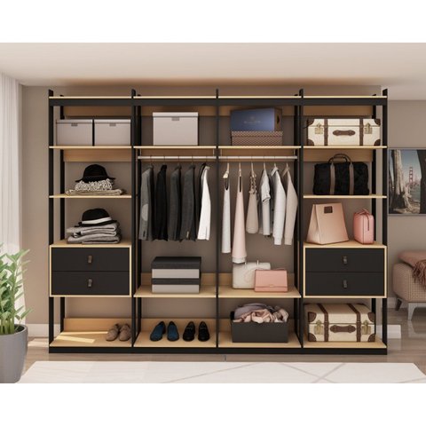Guarda Roupa Closet 4 Modulos, 4 Gavetas, 2 Cabideiros Estilo Industrial Marrom/Freijó/Preto