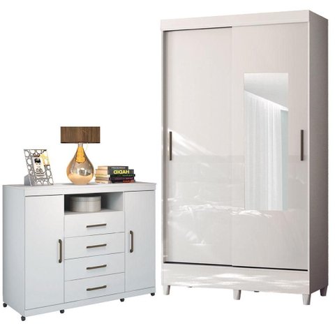 Guarda Roupa Solteiro 2 Portas de Correr com Espelho e Pés e Cômoda Havana Master com Rodizio