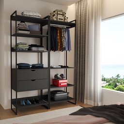 Guarda Roupa Aberto Industrial Casal 2 Módulos Preto Cabideiro com Gavetas Ferro Preto - 1