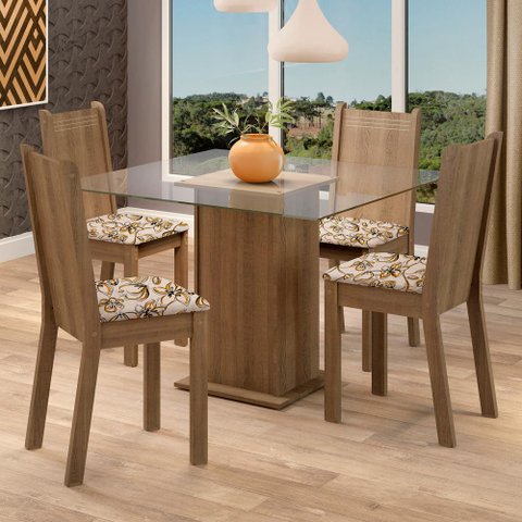 Conjunto Sala de Jantar Madesa Maya Mesa Tampo de Vidro com 4 Cadeiras - Rustic/lírio Bege