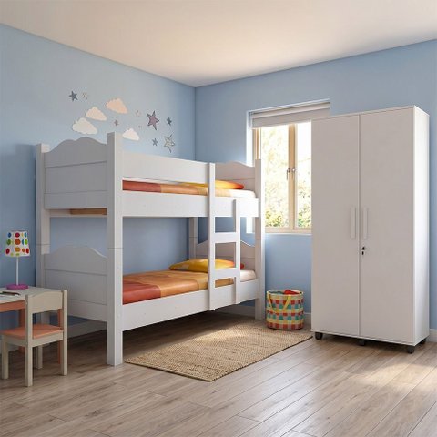 Conjunto Beliche Madrid com Grades e Armário Organizador Ouro 2 Portas para Dormitório - Branco