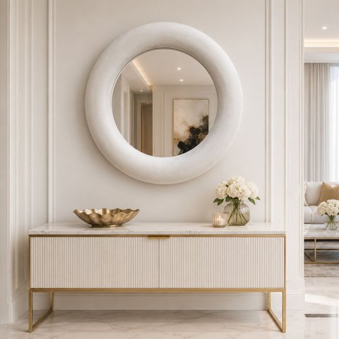 Espelho Decorativo Madrid Veludo 90cm Redondo Off White