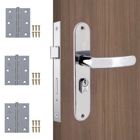 Fechadura para Porta Externa Perfil Aredondado Aço Inox Polido Cromado + Dobradiças Aço Zincado 3.1/