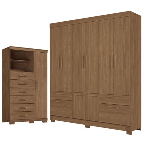 Guarda Roupa Casal 8 Portas Curitiba e Cômoda Marabá com Pés Jatobá Acetinado - Santos Andirá