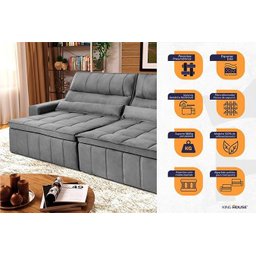 Sofá Retrátil Reclinável Supremo 3,00m Suede Velut Cinza Molas no Assento - King House - 3