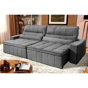 Sofá Retrátil Reclinável Supremo 3,00m Suede Velut Cinza Molas no Assento - King House