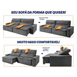 Sofá Retrátil Reclinável Supremo 3,00m Suede Velut Cinza Molas no Assento - King House - 4