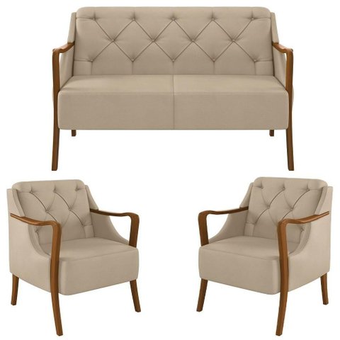 Kit Namoradeira 135cm e 2 Poltronas Decorativas Capitonê Lapa M22 Pu Bege - Mpozenato