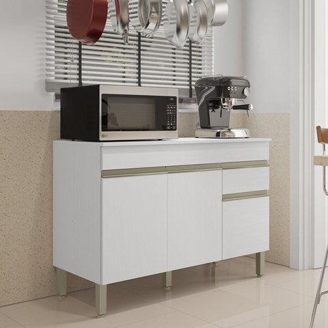 Balcão 3 Portas 1 Gaveta 120cm com Tampo Line Branco/Supremo