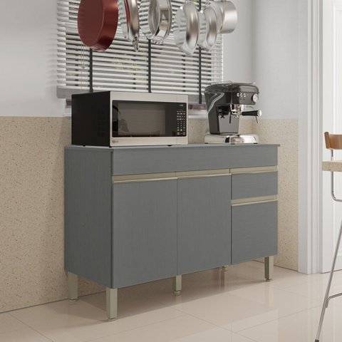Balcão 3 Portas 1 Gaveta 120cm com Tampo Line Cinza/Gris