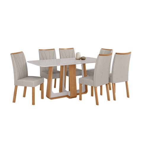 Conjunto Sala de Jantar Mesa Sintonia 160 Tampo Vidro Off White com 6 Cadeiras Apogeu - Lopas Amendo