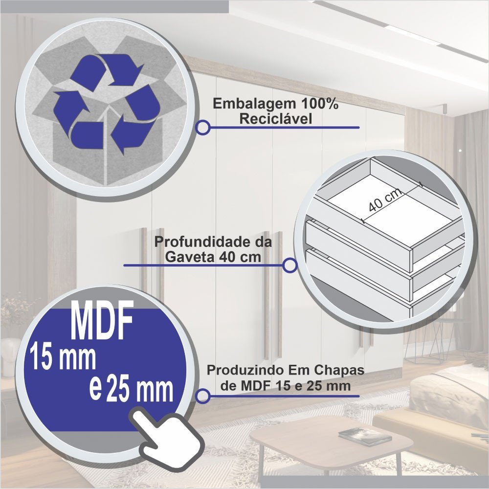 Guarda Roupa Casal Zeus 6 Portas 7 Gavetas em MDF Dobradiça Slow Móveis D Doro - 7