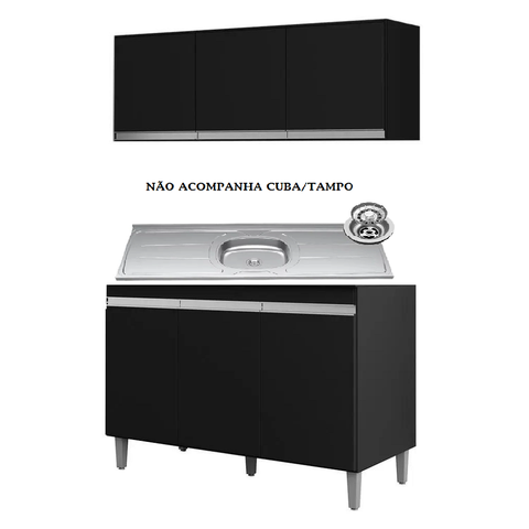 Kit de Cozinha 2 Peças Balcão Manu 120mt e Armário Aéreo Andréia Preto Ajl
