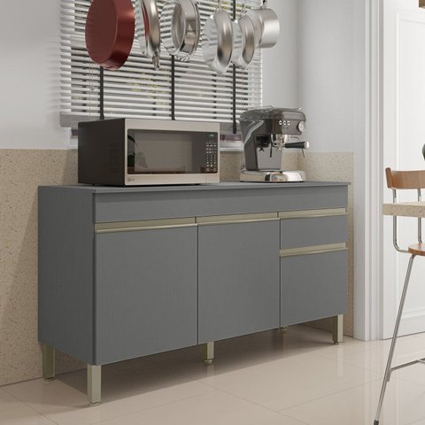 Balcão 3 Portas 1 Gaveta 150cm com Tampo Line Cinza/Gris
