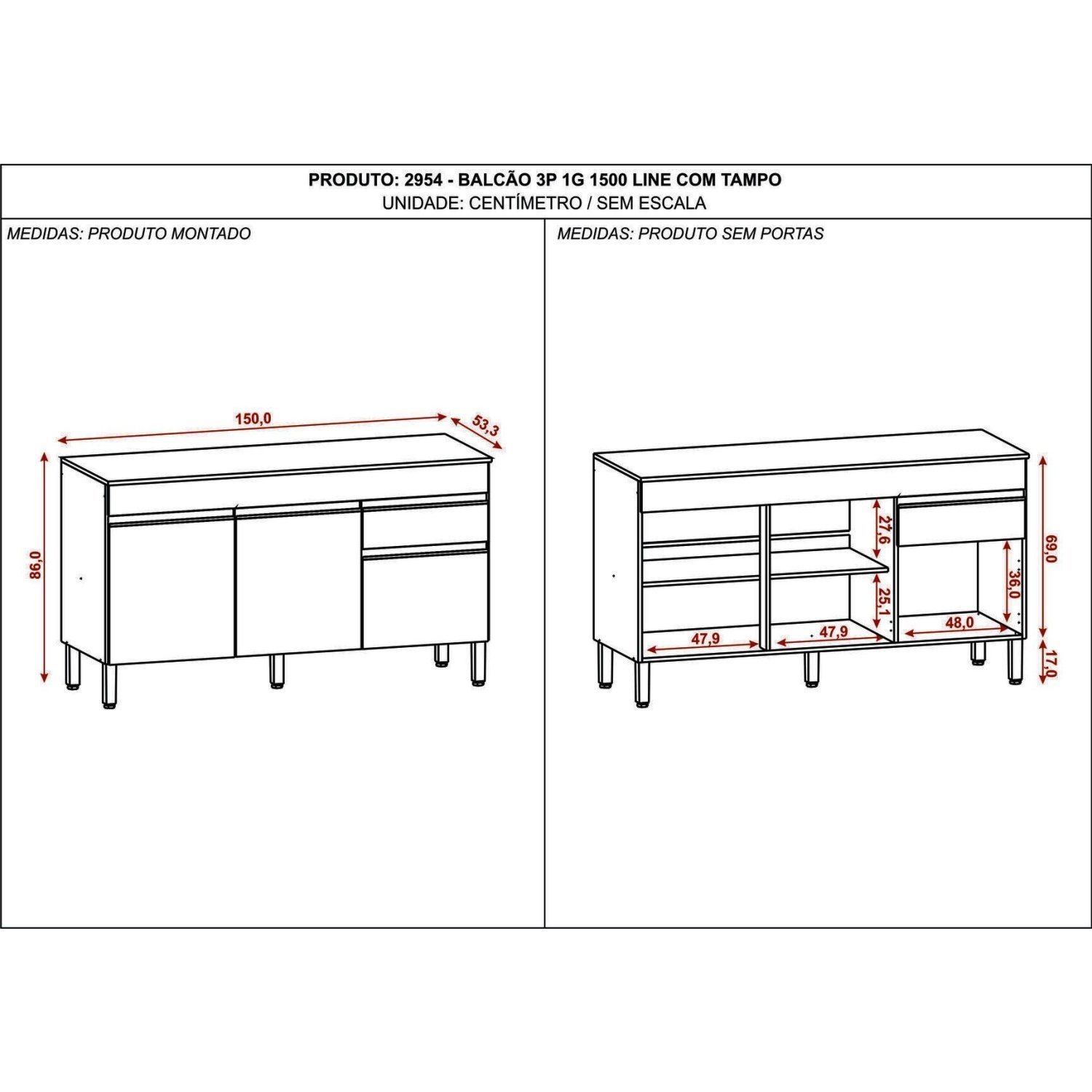 Balcão 3 Portas 1 Gaveta 150cm com Tampo Line - 4