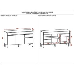 Balcão 3 Portas 1 Gaveta 150cm com Tampo Line - 4