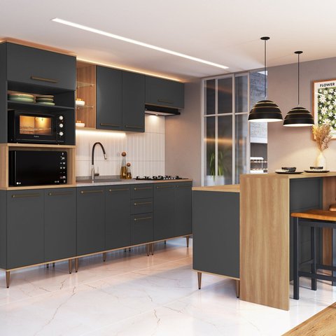 Cozinha Modulada Completa 8 Peças com Cristaleira 15 Portas 2 Gavetas com Bancada Isabelle Cinza/Freijó/Grafite