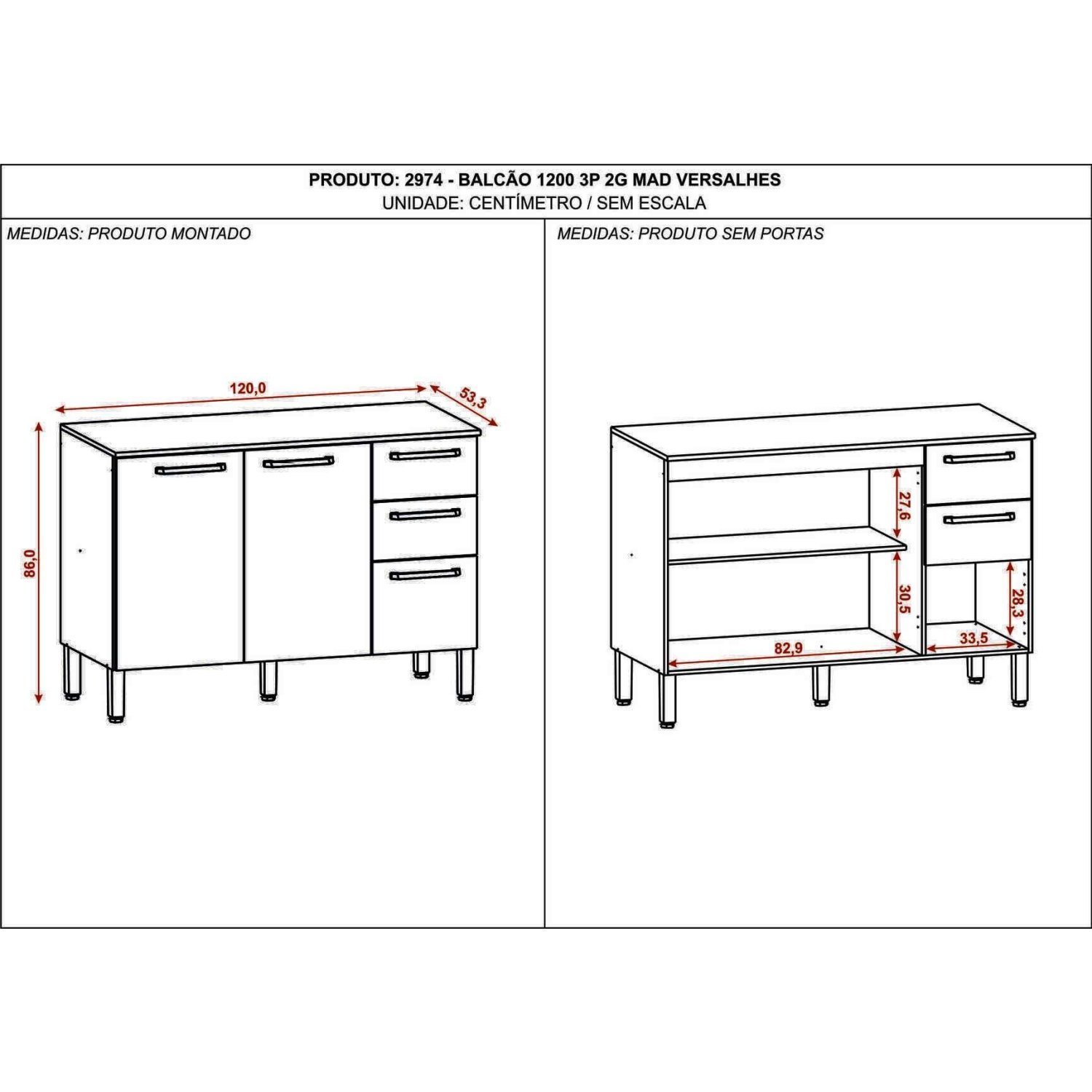 Balcão 120cm 3 Portas 2 Gavetas com Tampo Versalhes - 3