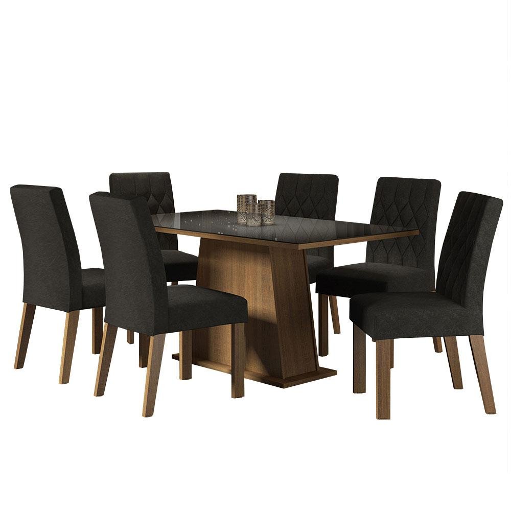 Conjunto Sala de Jantar Mesa Tampo de Vidro 6 Cadeiras Rustic/preto/oxford Stéfani Madesa - 2