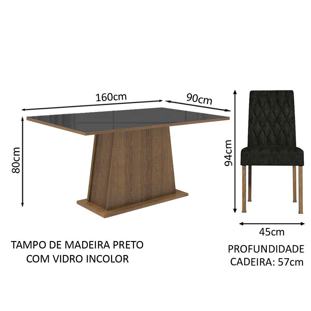 Conjunto Sala de Jantar Mesa Tampo de Vidro 6 Cadeiras Rustic/preto/oxford Stéfani Madesa - 3