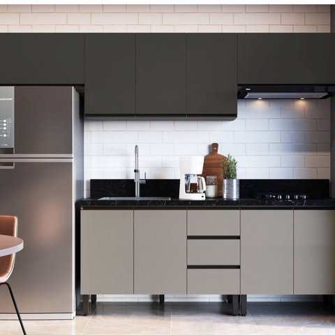 Conjunto de Cozinha Modulado Ébano Cinza/Fumê com Grafite