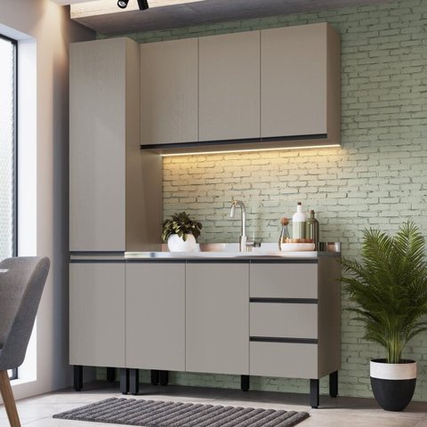 Conjunto de Armários de Cozinha Modulado Bambu Cinza/Fume
