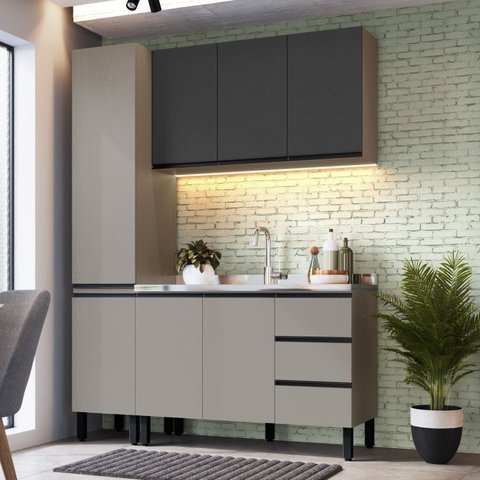 Conjunto de Armários de Cozinha Modulado Bambu Cinza/Fumê com Grafite
