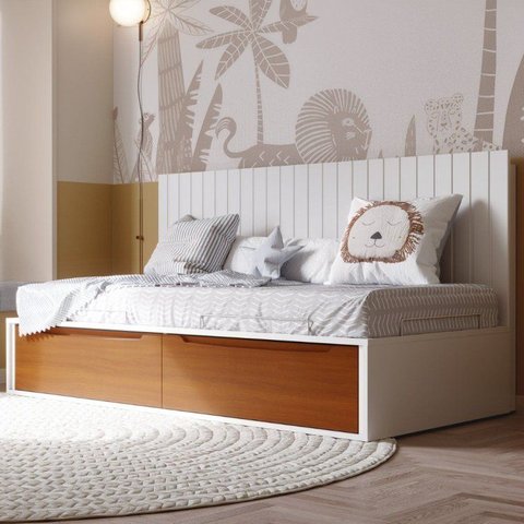 Cama Solteiro com 2 Gavetas e Painel Encosto Sambalelê Branco/Acetinado/Mel