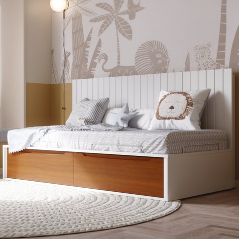 Cama Solteiro com 2 Gavetas e Painel Encosto Sambalelê Branco/Acetinado/Mel