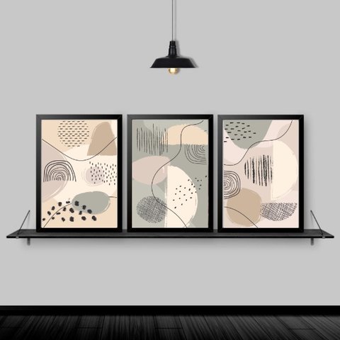 Kit 3 Quadros Abstratos Orgânicos 24x18cm - com vidro:Madeira branca