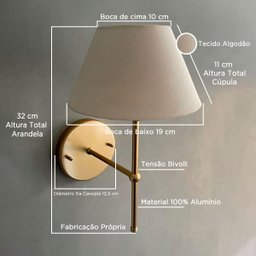 Kit 2 Arandelas Luminaria de Parede Dourado Moderna Bivolt com Cupula Bege Algodao - 2