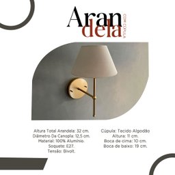 Kit 2 Arandelas Luminaria de Parede Dourado Moderna Bivolt com Cupula Bege Algodao - 3