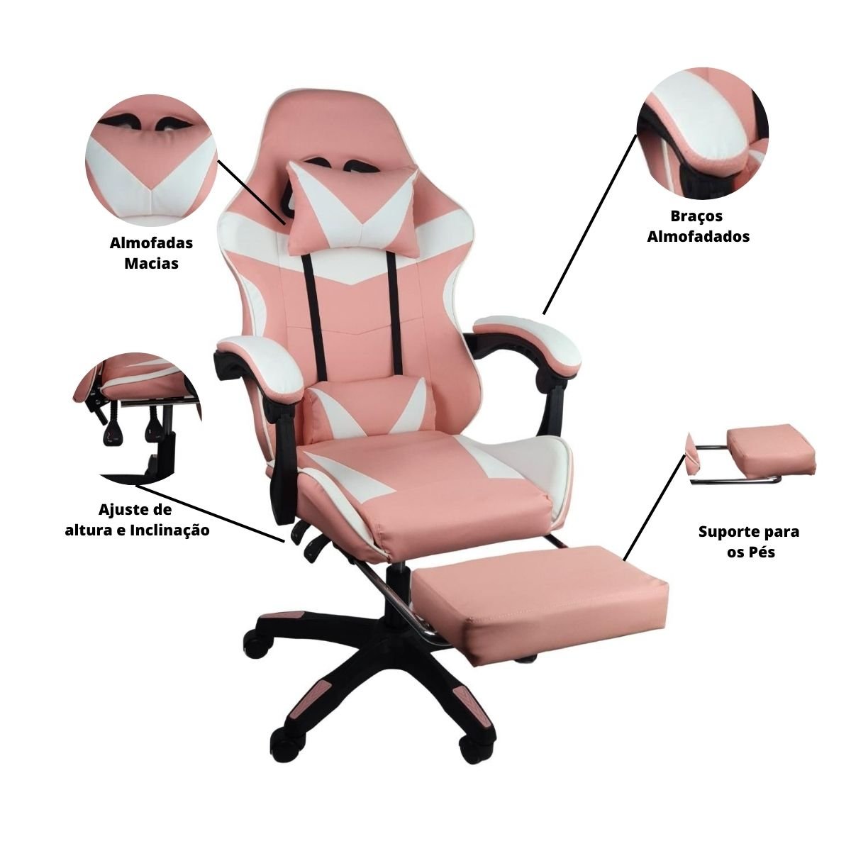 Cadeira Gamer Stillus Ergonômica com Apoio para Os Pés - Rosa - 7