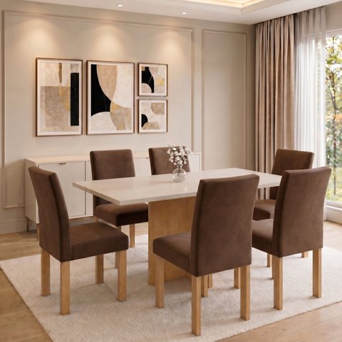 Conjunto de Sala de Jantar 6 Lugares Mesa Carol e Cadeiras Espanha Cinamomo e Off White