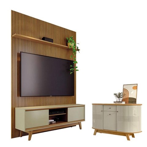 Estante Home Theater com Bancada Suspensa Milo com Aparador para Sala Buffet Monza Cumaru Opala - Ma