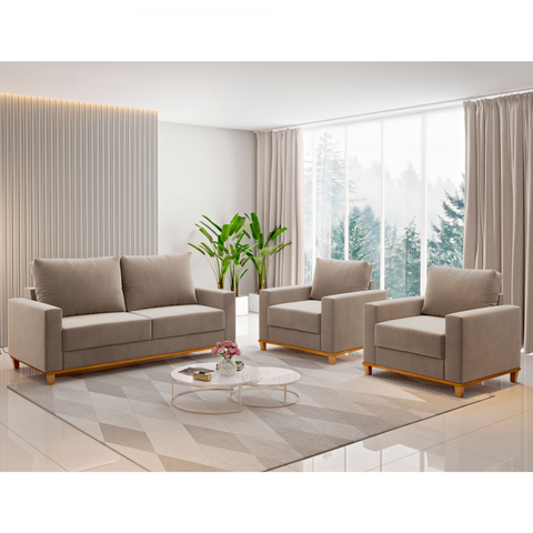 Conjunto Estofado Living + 2 Poltrona Napoles Perola - Casa Giulia