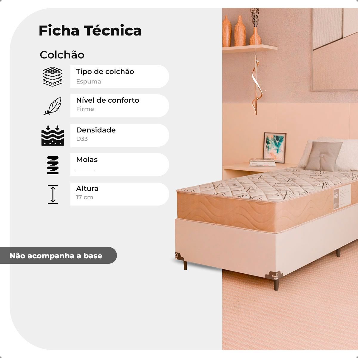 Colchão Solteiro e-Shop Casa D33 One Face - 17x88x188cm - Suede