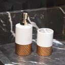 Ver imagem 2 de Kit Banheiro 01 Porta Sabonete Liquido e 01 Porta Escova em Cerâmica Branco e Dourado - D'Rossi
