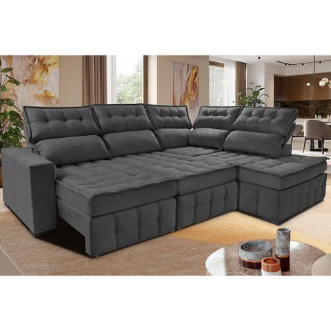 Sofá de Canto Direito 2.65x2.30m Retrátil e Reclinável com Molas Ensacadas Cama inBox Nobre Cinza