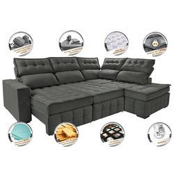 Sofá de Canto Direito 2.65x2.30m Retrátil e Reclinável com Molas Ensacadas Cama inBox Nobre Cinza - 3