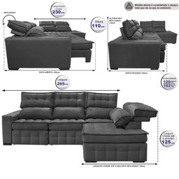 Sofá de Canto Direito 2.65x2.30m Retrátil e Reclinável com Molas Ensacadas Cama inBox Nobre Cinza - 2
