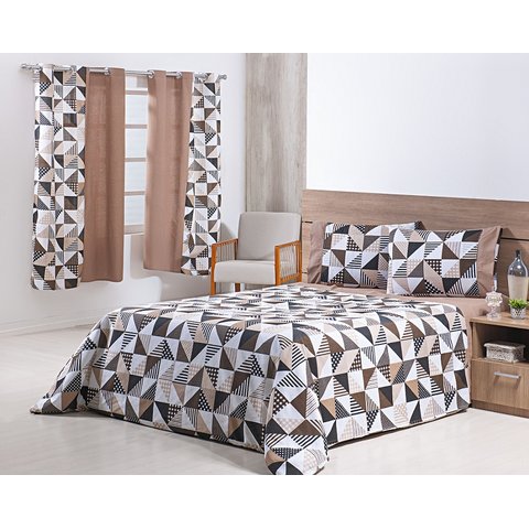 Jogo Lençol 4 Peças Cama Viúva 1,88mx1,28mx25cm 100% Algodão 180 Fios Geométrico Cáqui