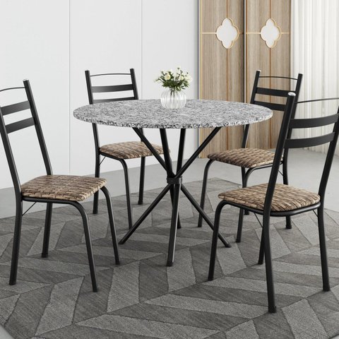 Conjunto Sala de Jantar Mesa Redonda 80cm Tampo Granito com 4 Cadeiras Milla Preto/Rattan/Ocre
