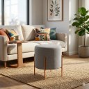 Ver imagem 3 de Puff Banqueta Decorativo Base Metal Tecido em Linho - Cinza/Bronze
