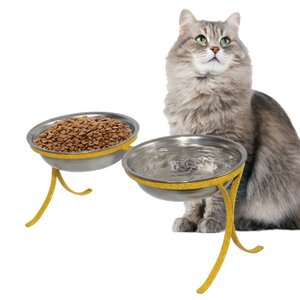 Comedouro Alto Duplo em Inox Pet para Gatos Ração Agua - Amarelo